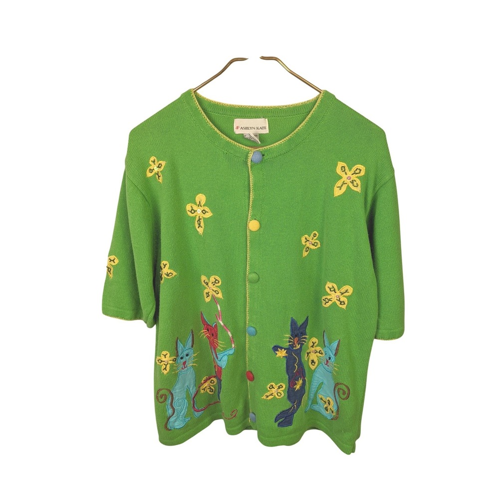 Ashlyn Kate Green Short Sleeve Cardigan Cat Embroidery Novelty Knit Large